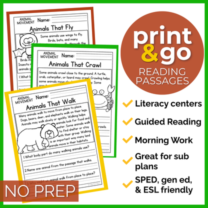 Animal Movement Reading Comprehension Passages + Questions