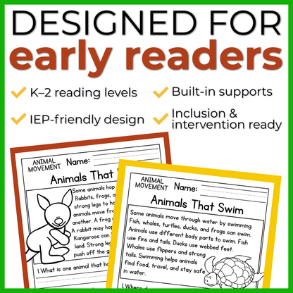 Animal Movement Reading Comprehension Passages + Questions