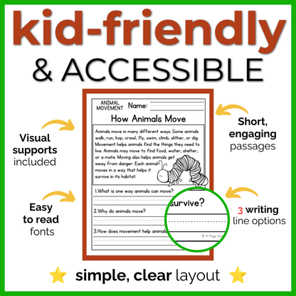 Animal Movement Reading Comprehension Passages + Questions