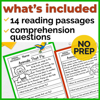Animal Movement Reading Comprehension Passages + Questions