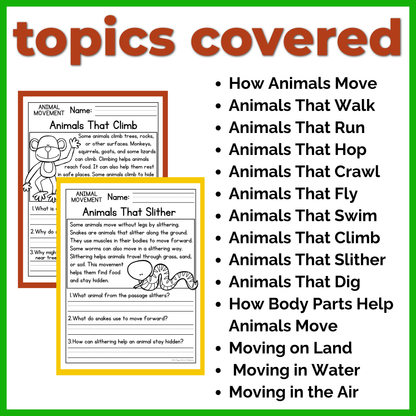 Animal Movement Reading Comprehension Passages + Questions