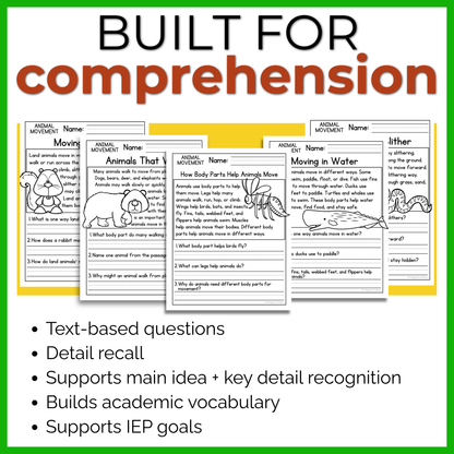 Animal Movement Reading Comprehension Passages + Questions