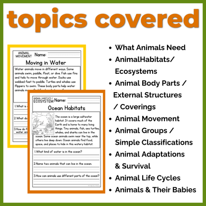Animals Reading Comprehension Passages + Questions