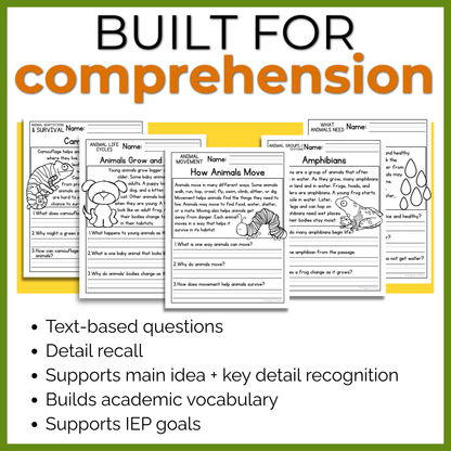 Animals Reading Comprehension Passages + Questions