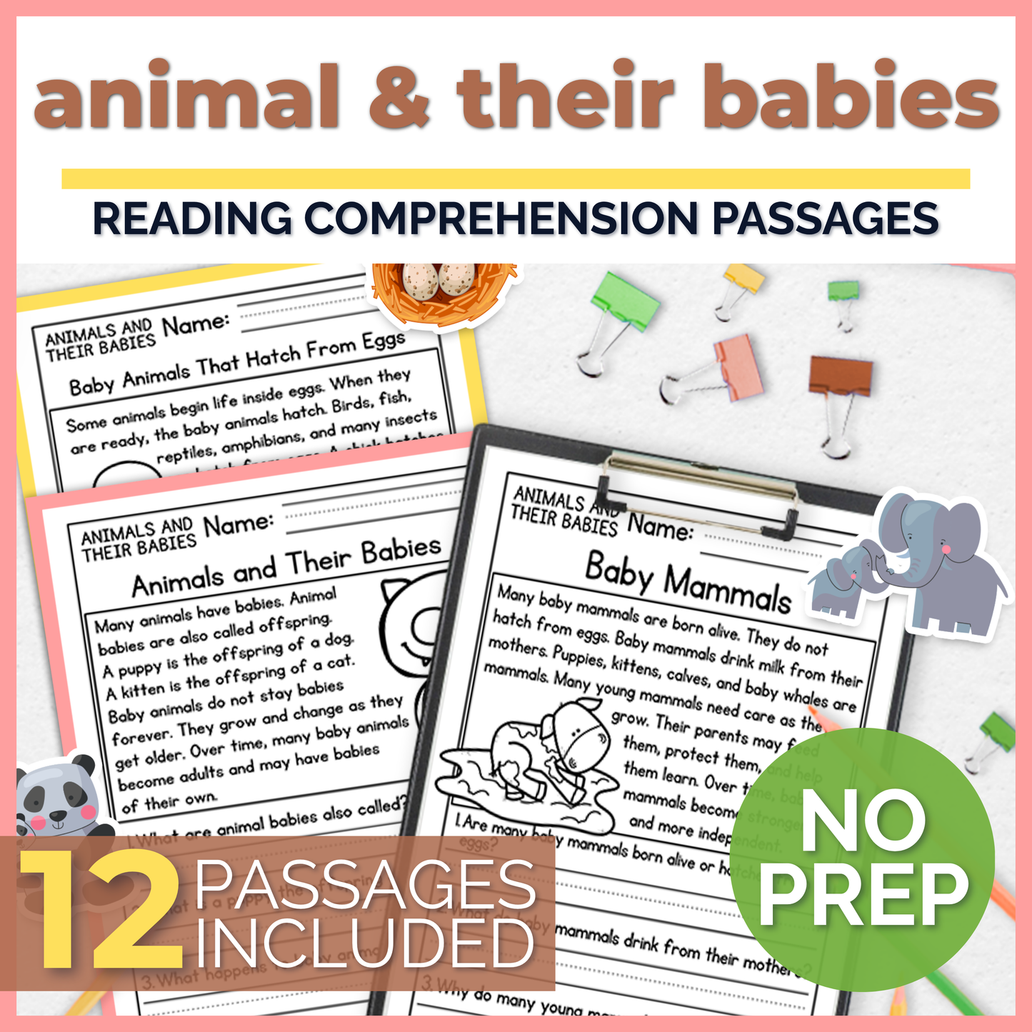 Animals & Their Babies Reading Comprehension Passages + Questions