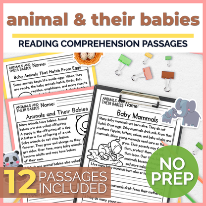 Animals & Their Babies Reading Comprehension Passages + Questions