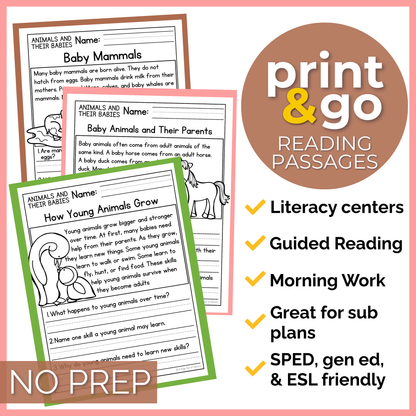 Animals & Their Babies Reading Comprehension Passages + Questions