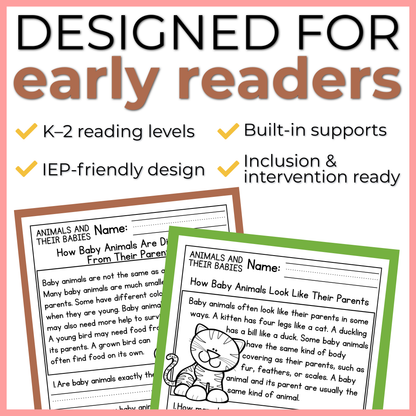 Animals & Their Babies Reading Comprehension Passages + Questions
