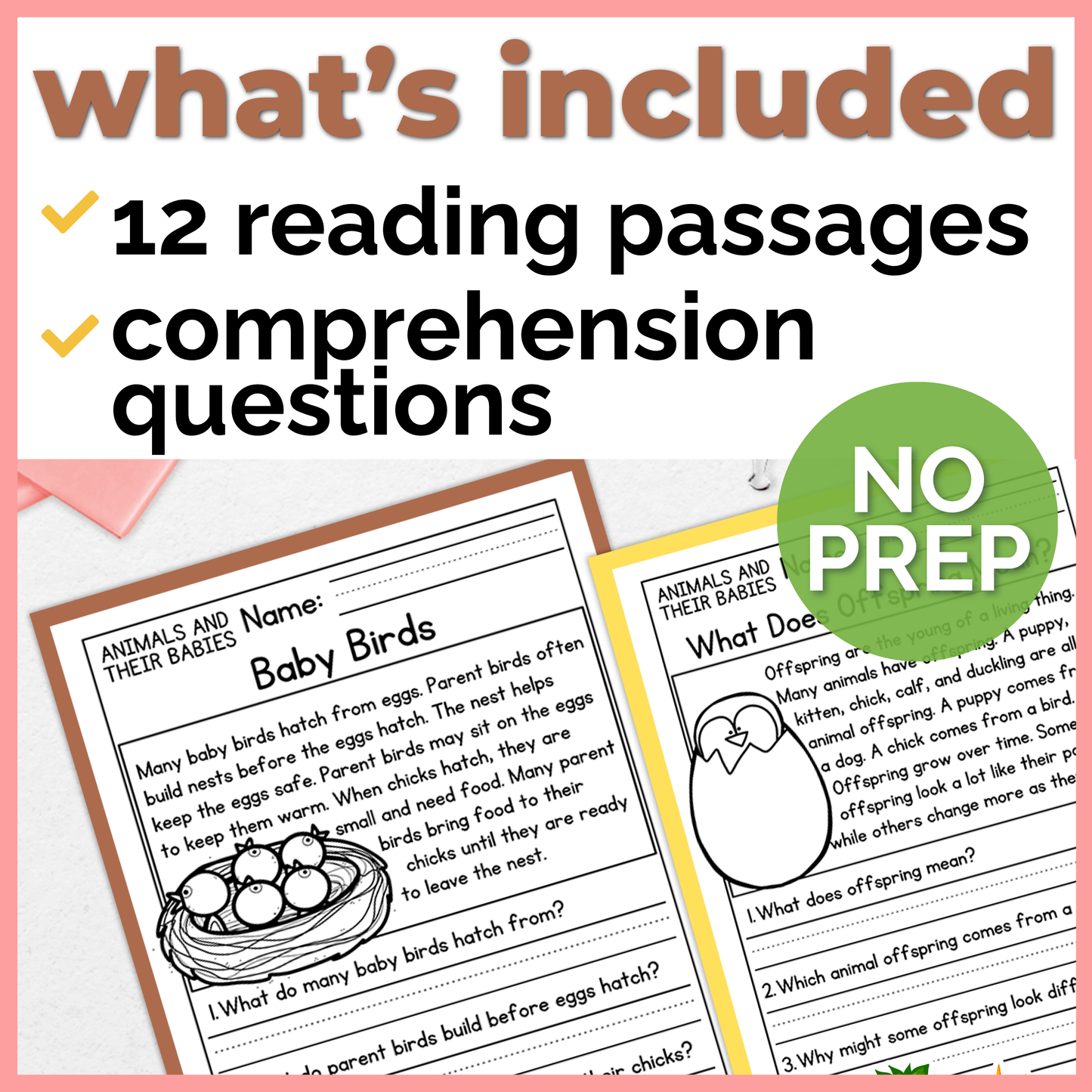Animals & Their Babies Reading Comprehension Passages + Questions