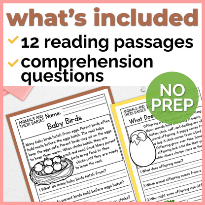 Animals & Their Babies Reading Comprehension Passages + Questions