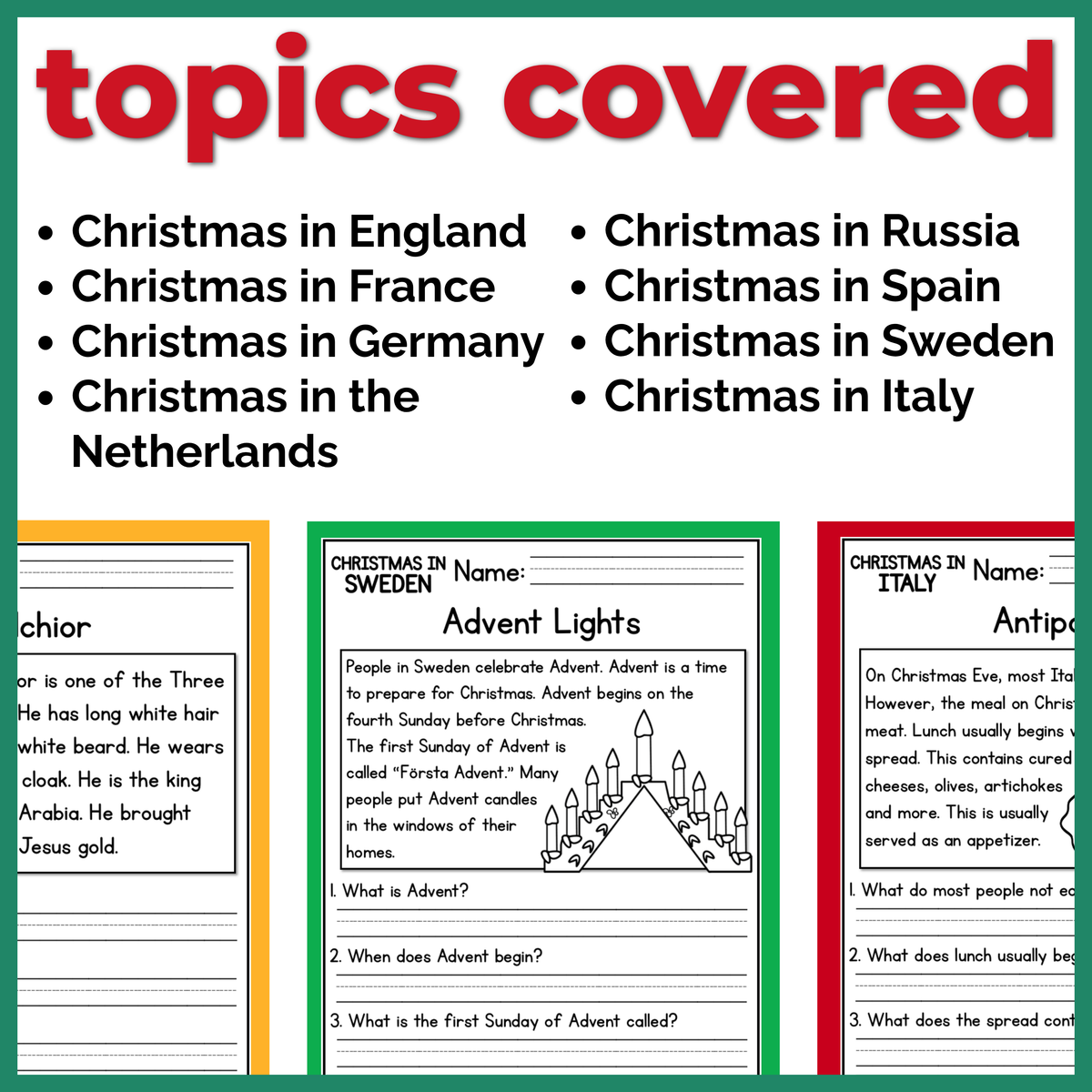 Christmas in Europe Reading Comprehension Passages + Questions
