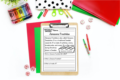 Christmas in Sweden Reading Comprehension Passages + Questions