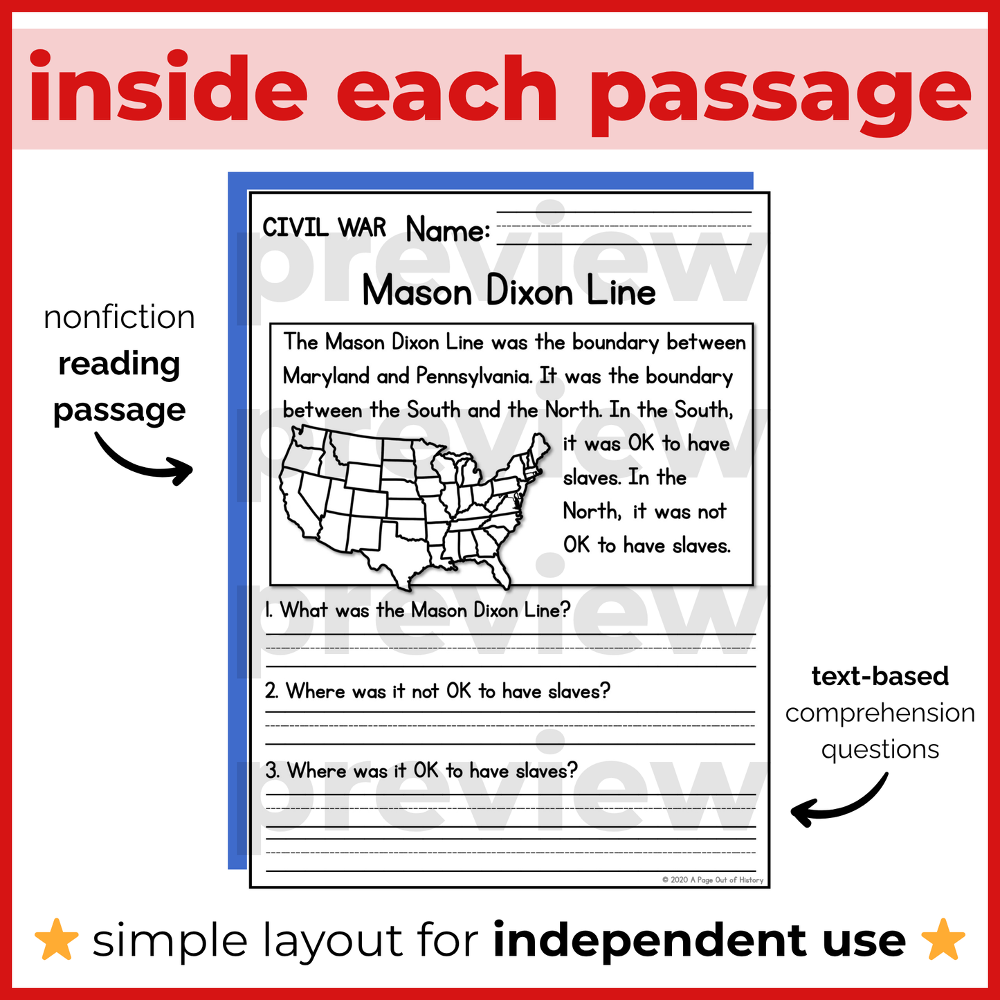 Civil War Reading Comprehension Passages + Questions