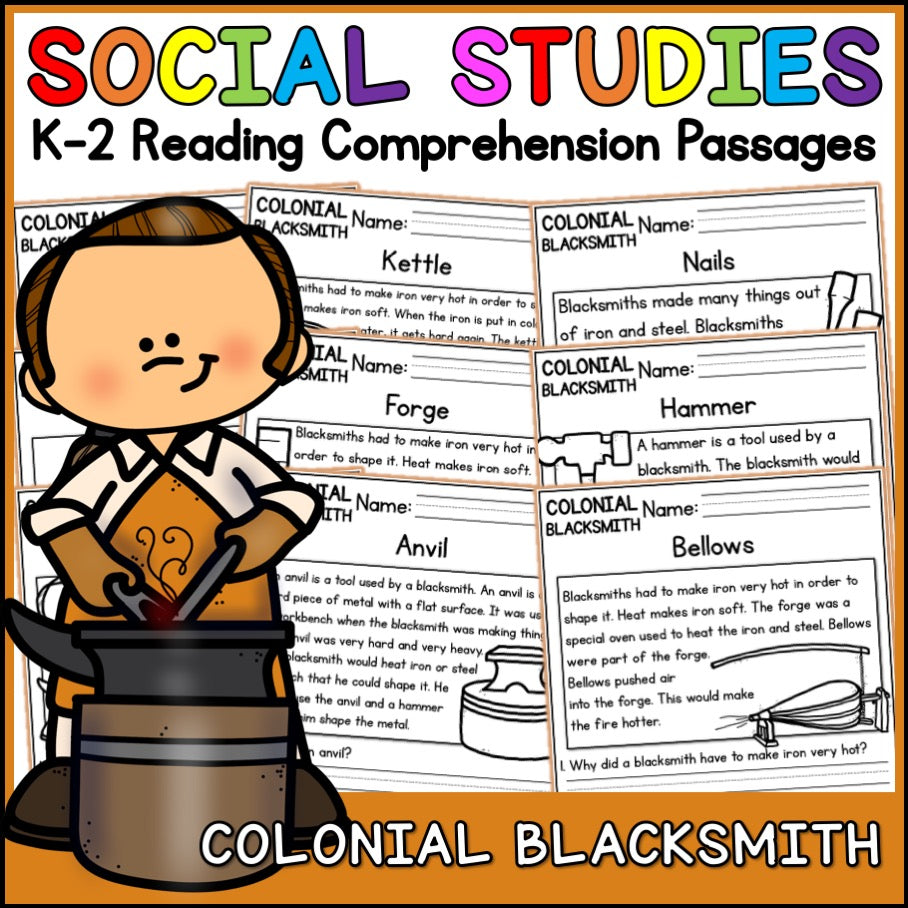 Colonial Blacksmith Reading Comprehension Passages + Questions