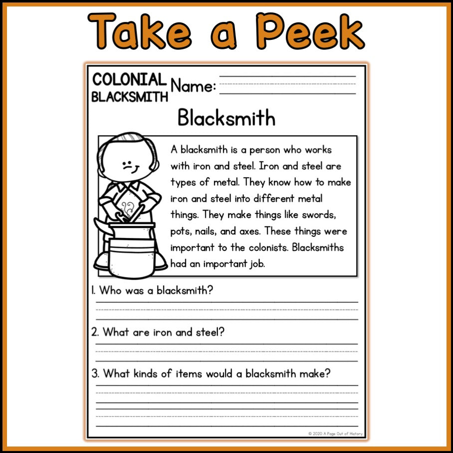 Colonial Blacksmith Reading Comprehension Passages + Questions
