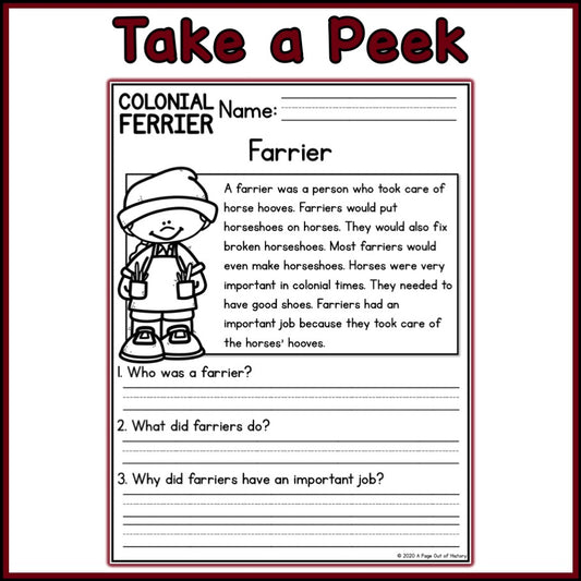 Colonial Farrier Reading Comprehension Passages + Questions