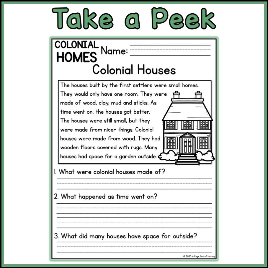 Colonial Homes Reading Comprehension Passages + Questions