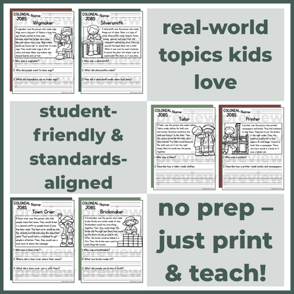 Colonial Jobs Reading Comprehension Passages + Questions