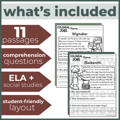 Colonial Jobs Reading Comprehension Passages + Questions