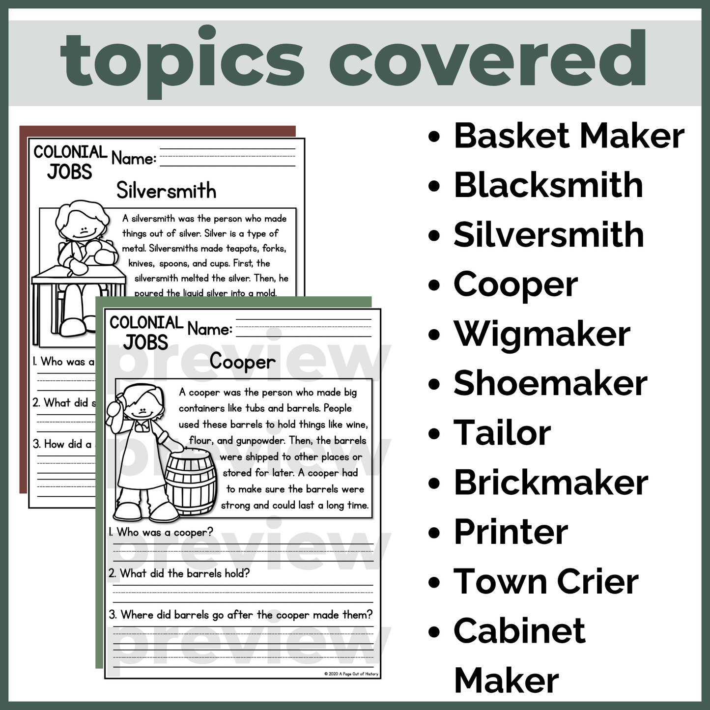 Colonial Jobs Reading Comprehension Passages + Questions