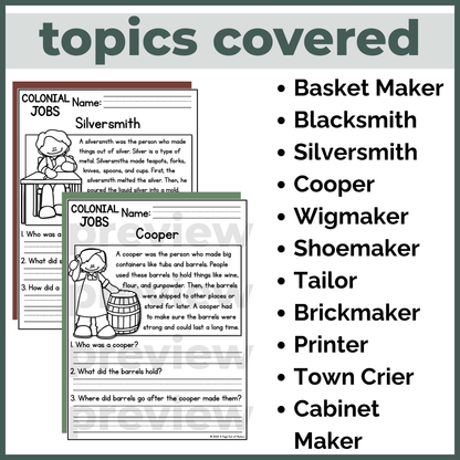 Colonial Jobs Reading Comprehension Passages + Questions