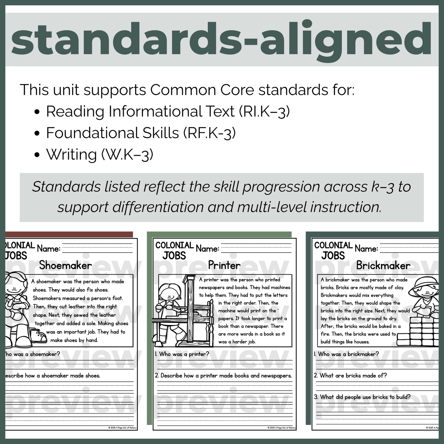 Colonial Jobs Reading Comprehension Passages + Questions