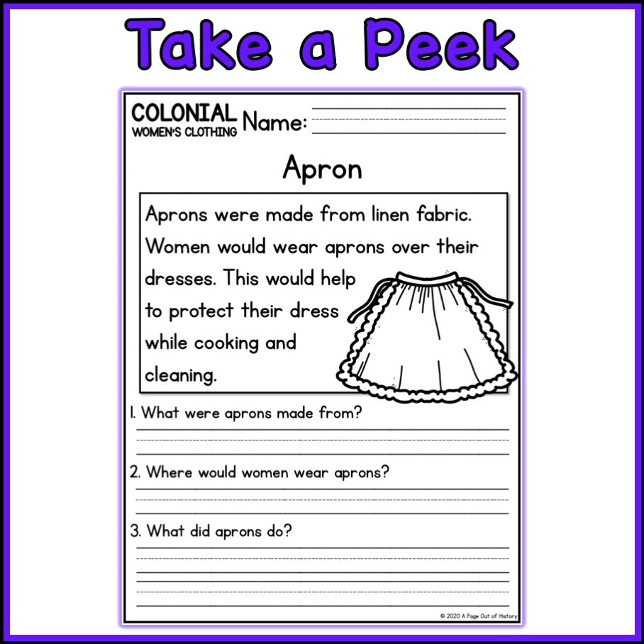 Colonial Women's Clothing Reading Comprehension Passages + Questions