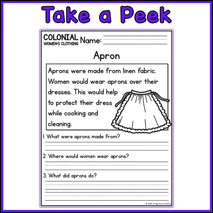 Colonial Women's Clothing Reading Comprehension Passages + Questions