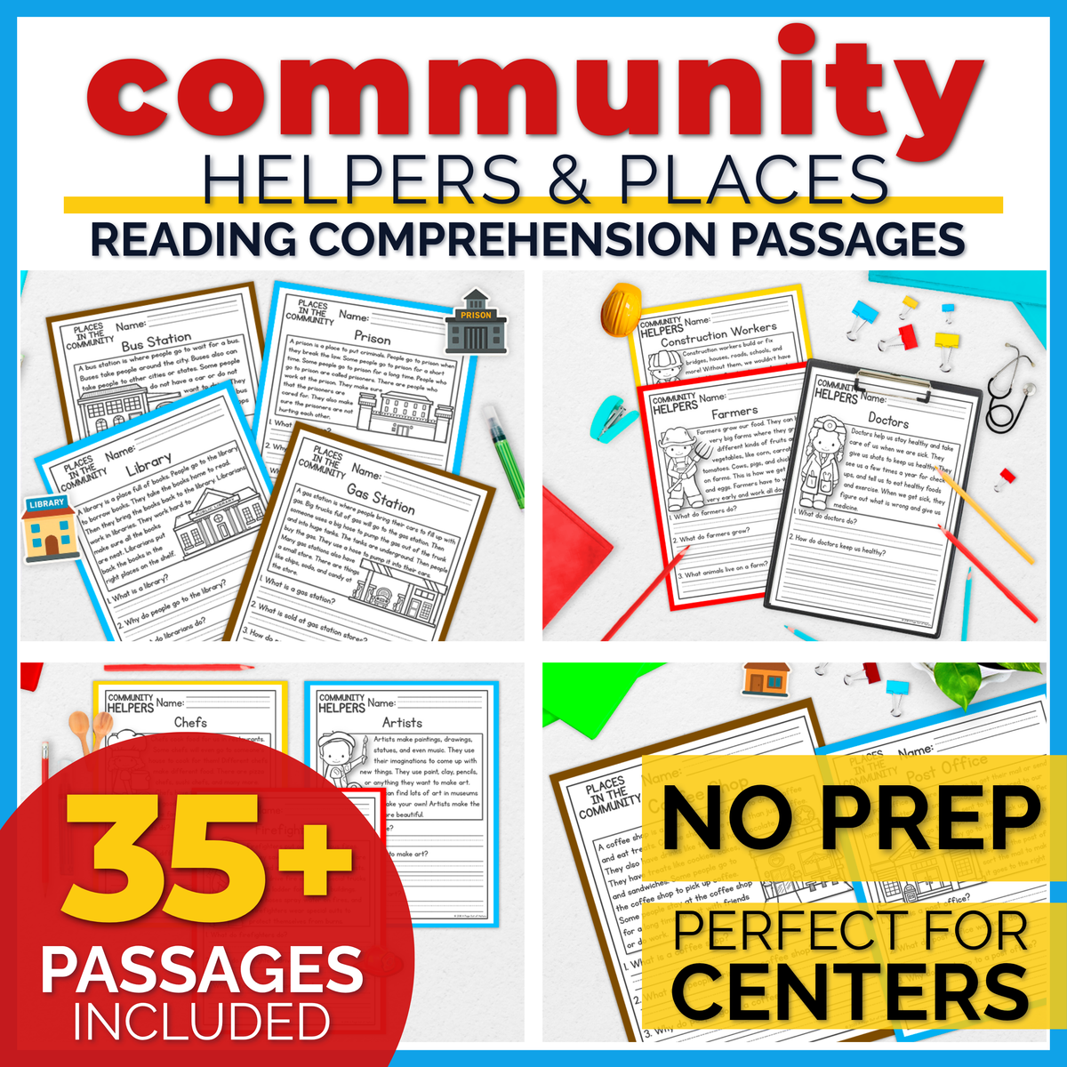 Community Helpers & Community Places Reading Comprehension Passages + Questions
