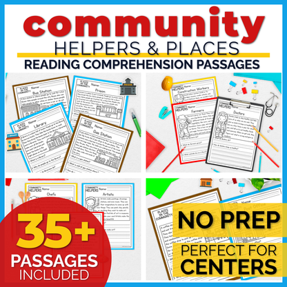 Community Helpers & Community Places Reading Comprehension Passages + Questions