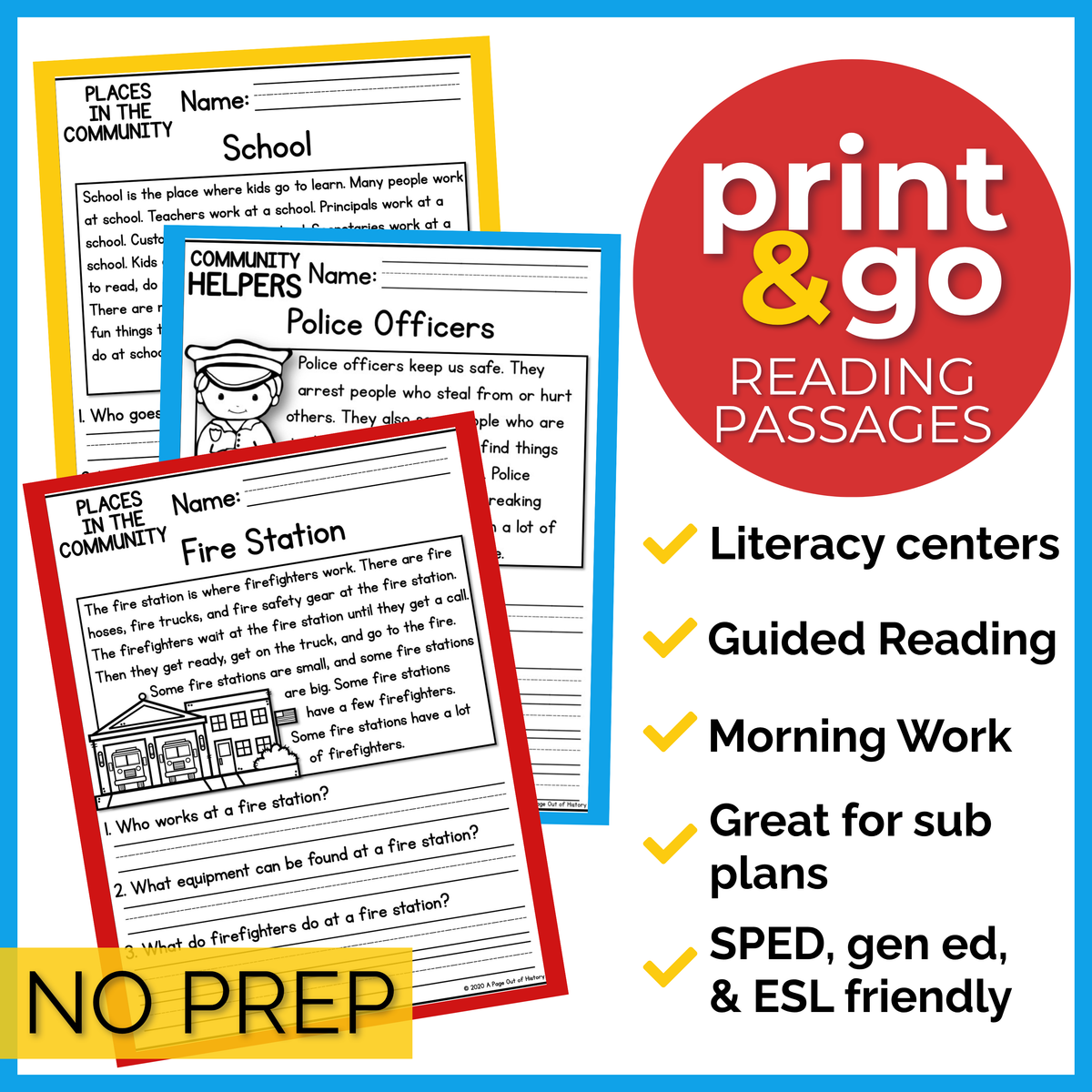 Community Helpers & Community Places Reading Comprehension Passages + Questions