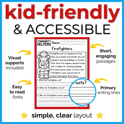 Community Helpers & Community Places Reading Comprehension Passages + Questions