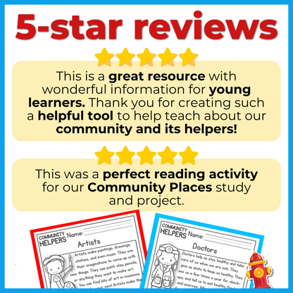 Community Helpers & Community Places Reading Comprehension Passages + Questions
