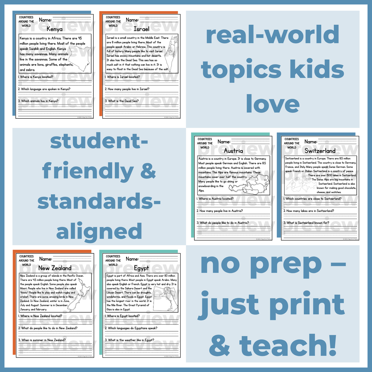 Countries Around the World Reading Comprehension Passages + Questions