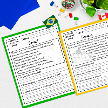 Countries Around the World Reading Comprehension Passages + Questions