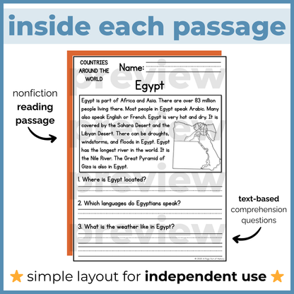 Countries Around the World Reading Comprehension Passages + Questions