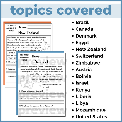 Countries Around the World Reading Comprehension Passages + Questions