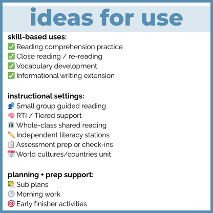 Countries Around the World Reading Comprehension Passages + Questions