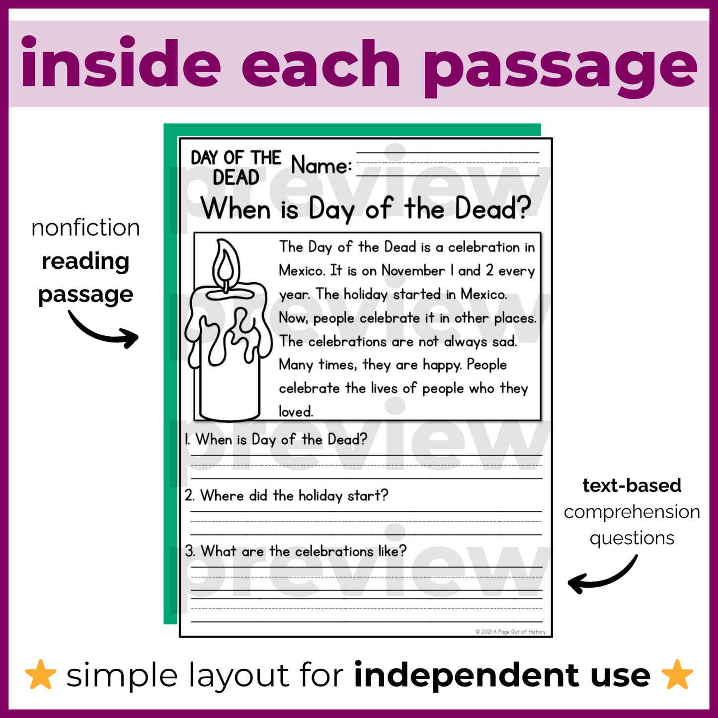 Day of the Dead Dia de los Muertos Reading Comprehension Passages + Questions