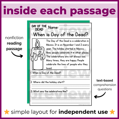 Day of the Dead Dia de los Muertos Reading Comprehension Passages + Questions