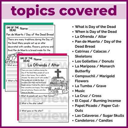 Day of the Dead Dia de los Muertos Reading Comprehension Passages + Questions