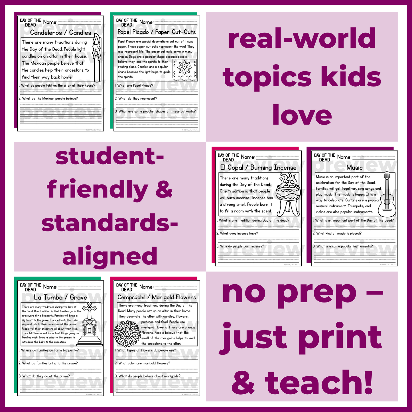 Day of the Dead Dia de los Muertos Reading Comprehension Passages + Questions