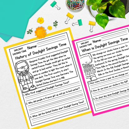 Daylight Savings Time Reading Comprehension Passages + Questions