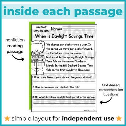 Daylight Savings Time Reading Comprehension Passages + Questions
