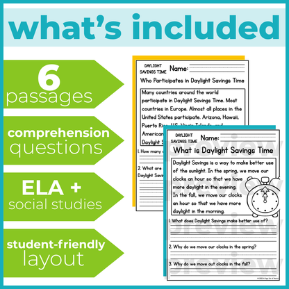 Daylight Savings Time Reading Comprehension Passages + Questions