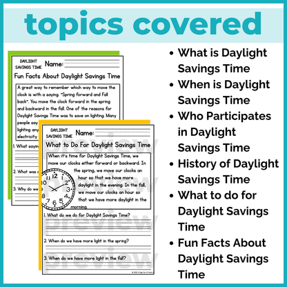 Daylight Savings Time Reading Comprehension Passages + Questions