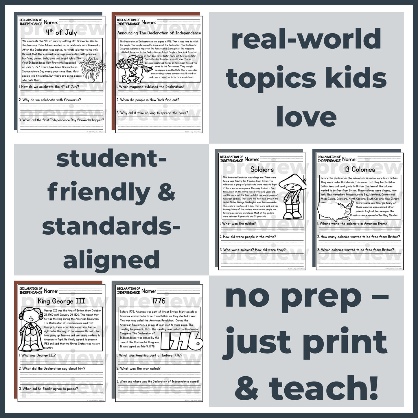 Declaration of Independence Reading Comprehension Passages + Questions