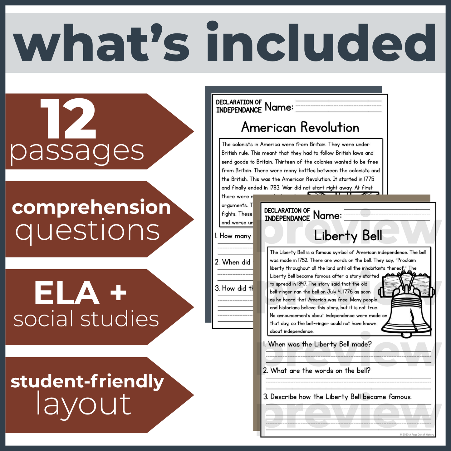Declaration of Independence Reading Comprehension Passages + Questions