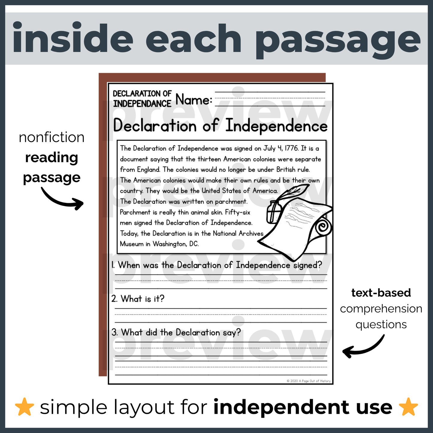Declaration of Independence Reading Comprehension Passages + Questions