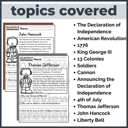 Declaration of Independence Reading Comprehension Passages + Questions